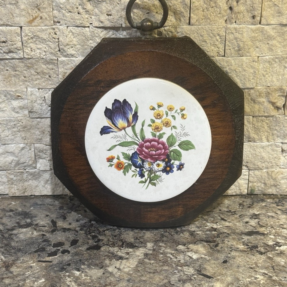 Vintage Jerry Schultz Co Wall Hanging Wildflowers on Ceramic‎ mounted on Wood 5"
